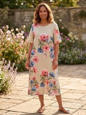 New Collection Floral Linen-Blend Midi Dress - #266